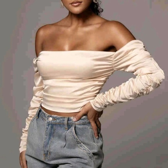 🆕JLUXLABEL SATIN CHAMPAGNE UPPER EAST SIDE RUCHED OFF SHOULDER LONG SLEEVE TOP - Picture 3 of 6